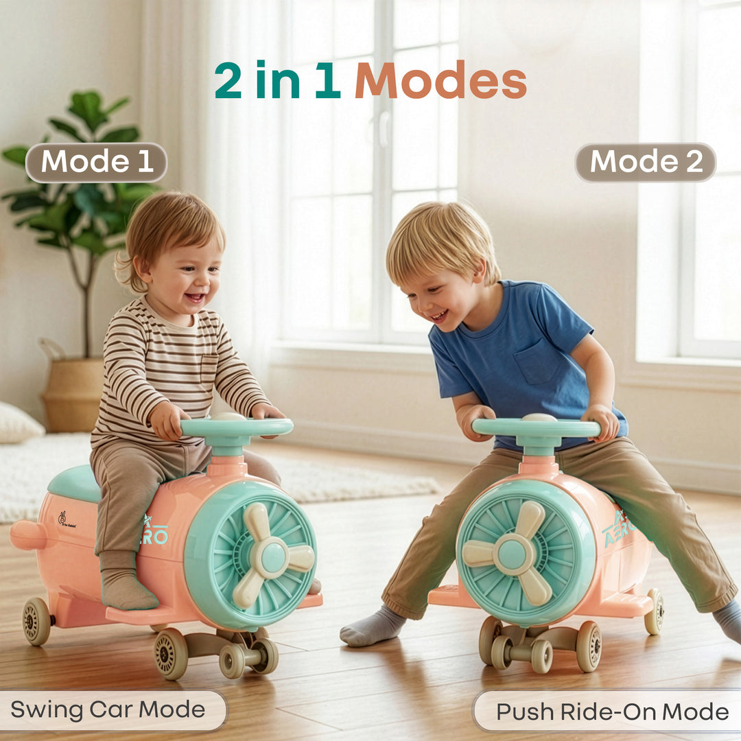 R for Rabbit Iya Iya Aero Ace 2-in-1 Swing Car Ride On for Kids with Toy Storage, Smooth Wheels & ABEC 7 Bearing - Peach Green