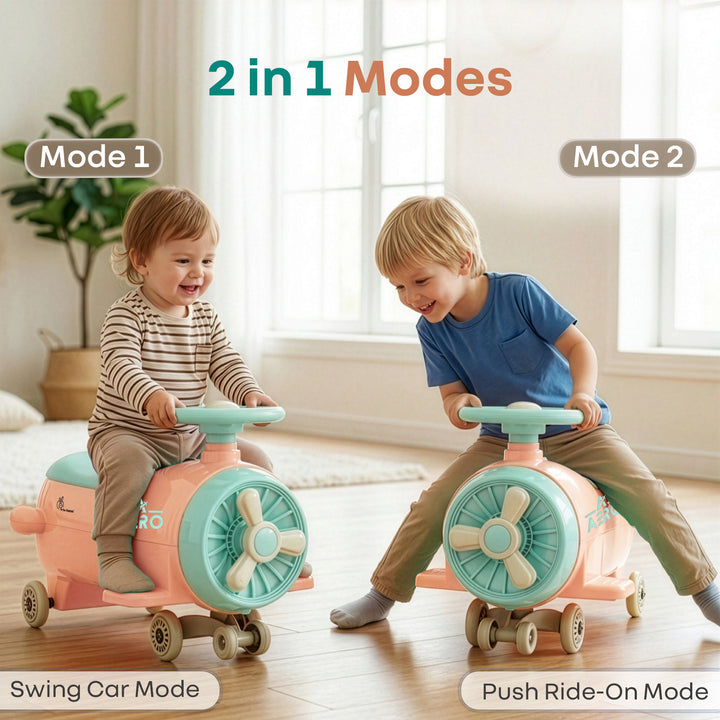 R for Rabbit Iya Iya Aero Ace 2-in-1 Swing Car Ride On for Kids with Toy Storage, Smooth Wheels & ABEC 7 Bearing - Peach Green