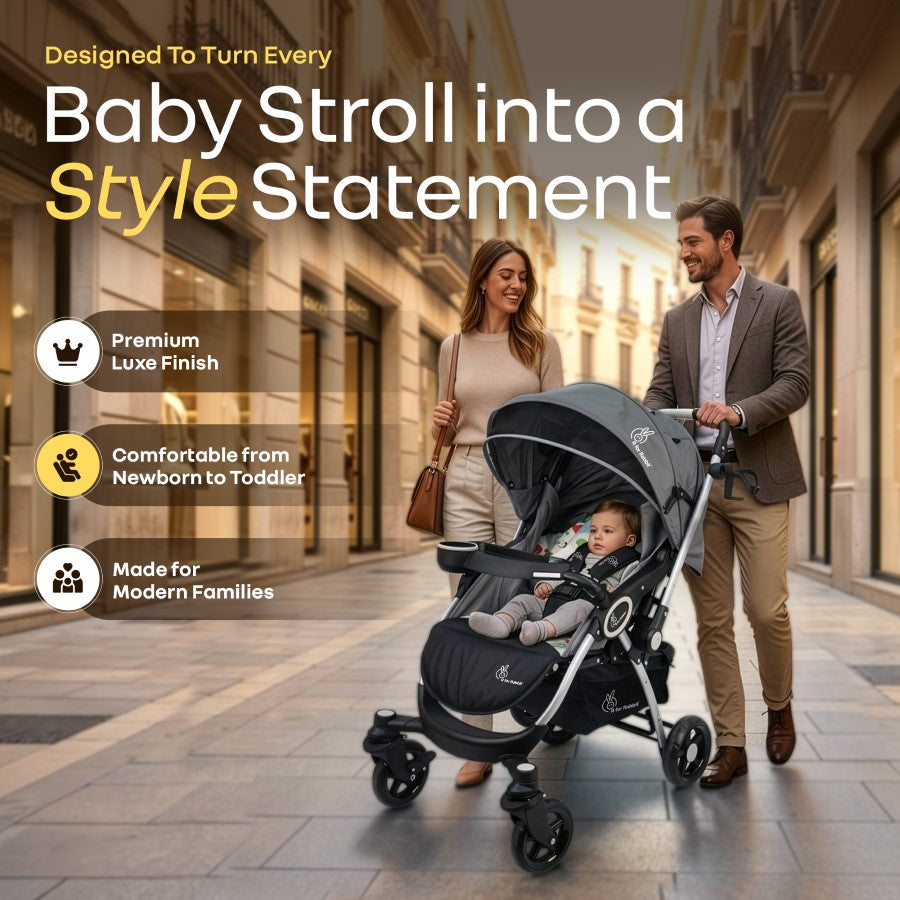 Chocolate Ride Stroller For Kids Reversible Handle, Multiple Recline Positions, Cup Holder with Meal Tray, 5 Point Safety Harness, Storage Basket - Grey Safari