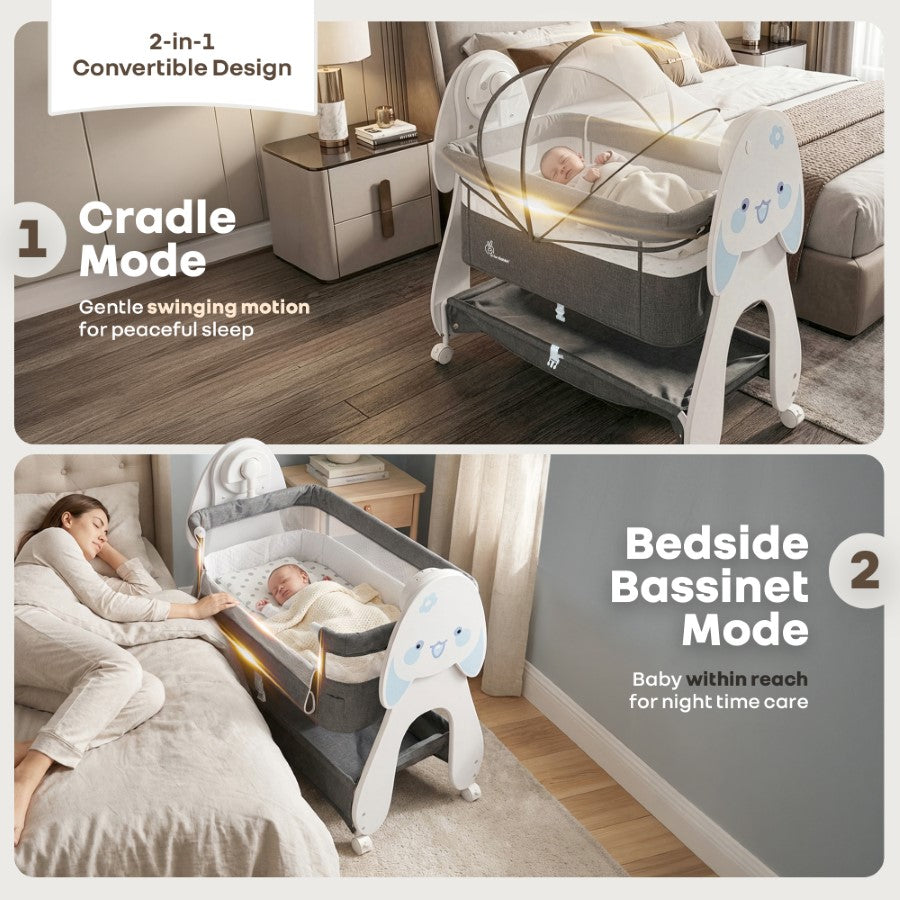 Lullabies Woodsy Bunny Smart Baby Cradle – 2-in-1 Auto Swing Cradle & Bedside Bassinet with Bluetooth Music, Timer, Plush Mattress, Mosquito Net & Storage Basket (0–18 Months)