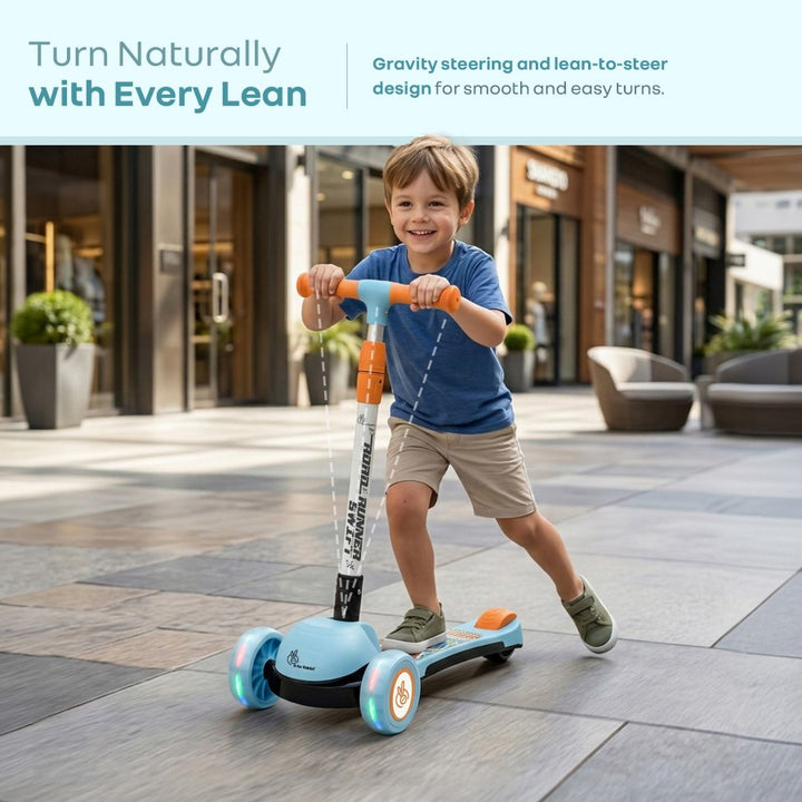 Road Runner Swift Kids Scooter - 3 Level Height Adjustable, Foldable, LED PU Wheels with Gravity Steering - Blue Orange