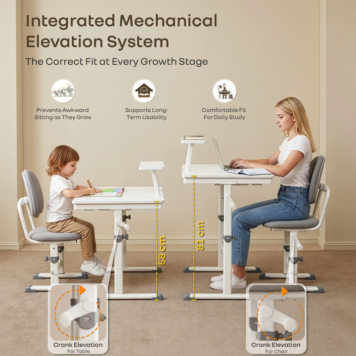 Kiddie Grow Edge Kids Study Table & Chair Set for 3–15 Years, Hydraulic Height Adjustable, Ergonomic Chair, Storage Drawer, Upto 100 kg