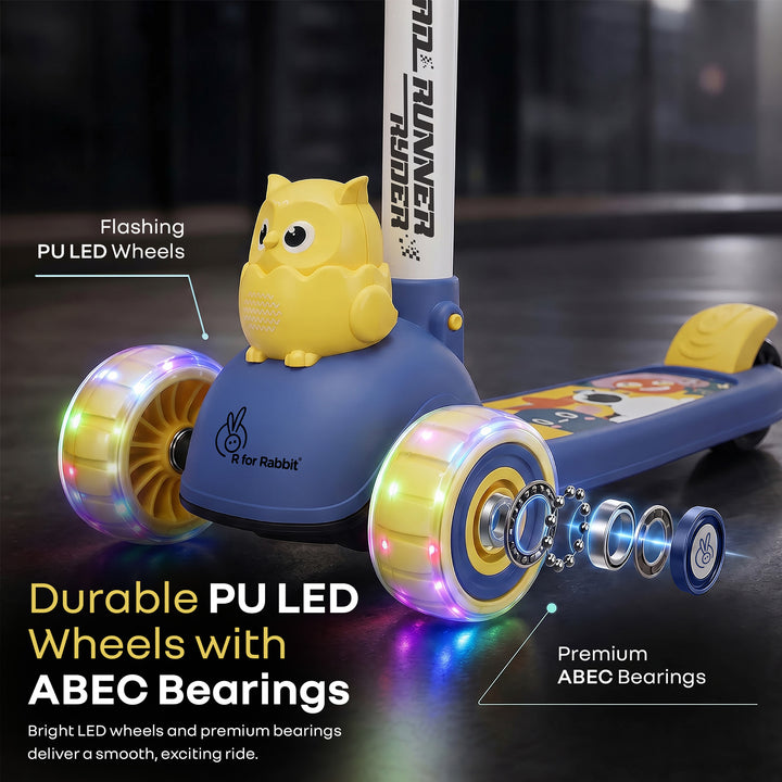 Road Runner Ryder Kids Scooter - PU LED wheels & Multi-Level Height Adjustment - Blue Yellow