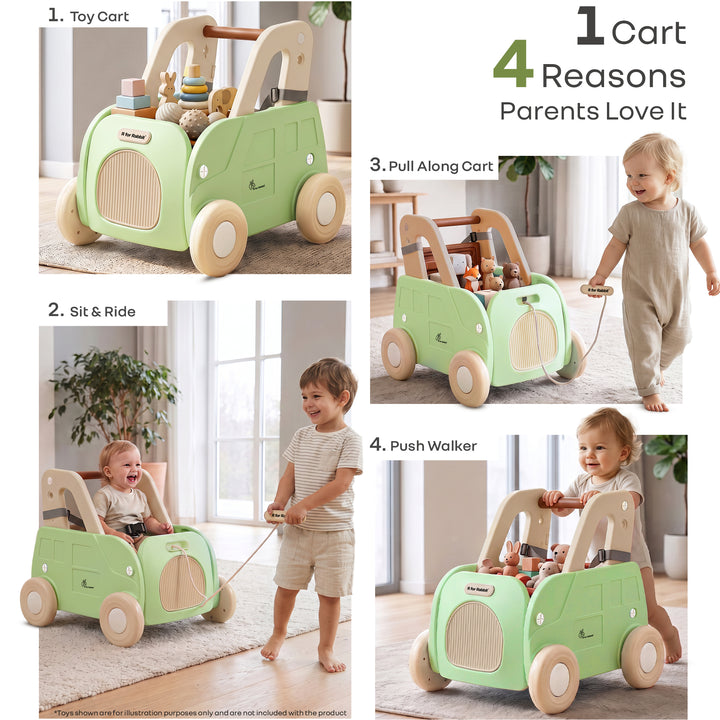 Kiddie Kart 4 in 1 Kids Toy Storage Cart, Sit & Ride, Push Walker & Pull Along, Adjustable Dual Height Handlebar, Quick Plug & Play, Age 0–3 Years – Green Beige