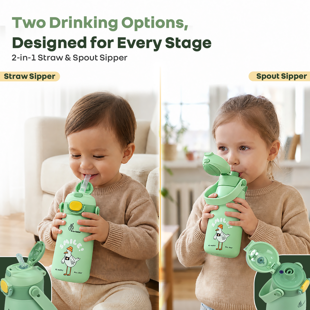 Steebo Duo 2-in-1 Stainless Steel Straw Sipper Bottle 500ml with Double Wall Insulation, Leak Proof Lockable Lid & Anti-Colic Design - Pistachio Green