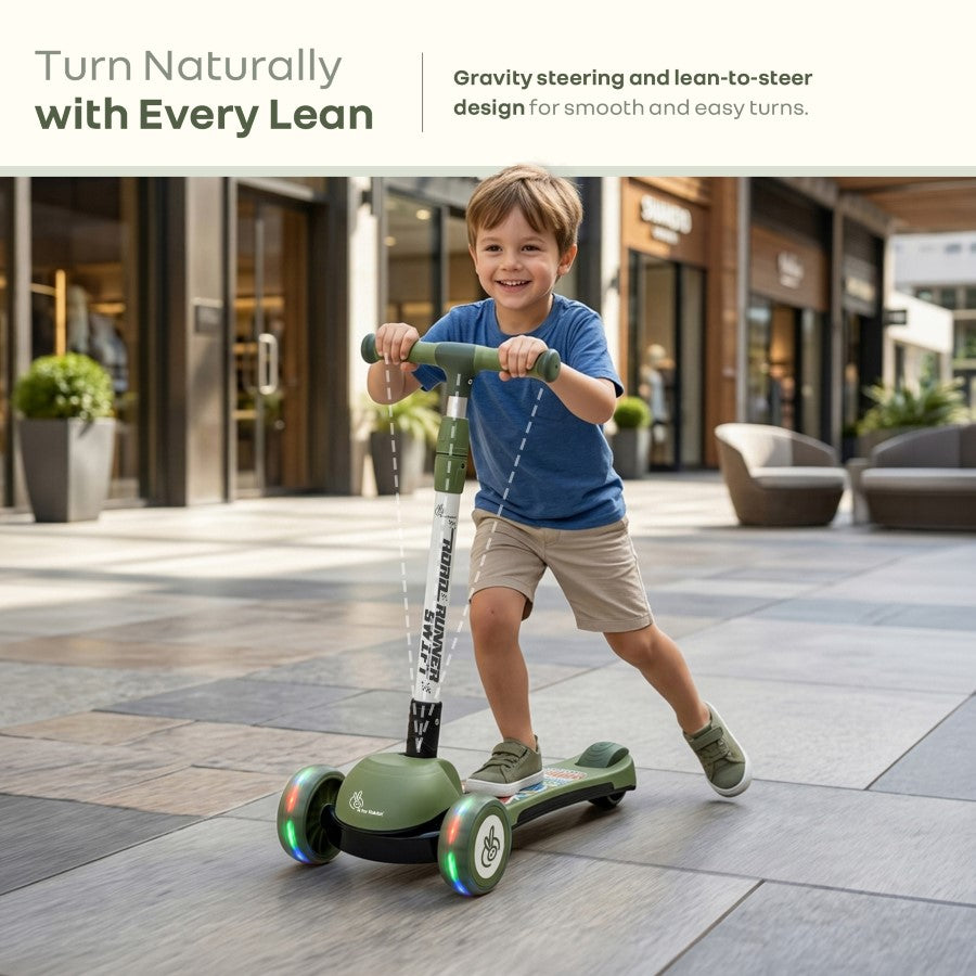 Road Runner Swift Kids Scooter - 3 Level Height Adjustable, Foldable, LED PU Wheels with Gravity Steering - Military Green