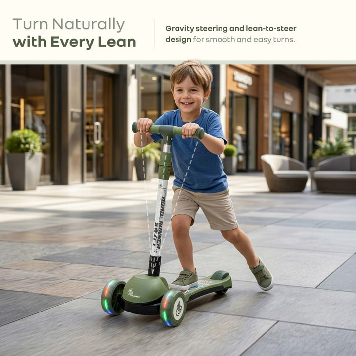Road Runner Swift Kids Scooter - 3 Level Height Adjustable, Foldable, LED PU Wheels with Gravity Steering - Military Green