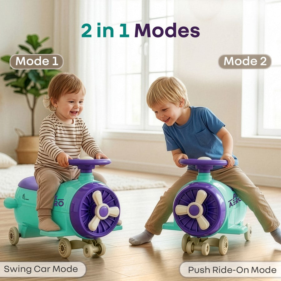 R for Rabbit Iya Iya Aero Ace 2-in-1 Swing Car Ride On for Kids with Toy Storage, Smooth Wheels & ABEC 7 Bearing - Green Purple