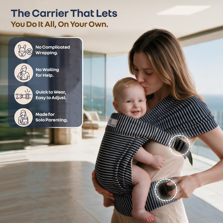 Solo Wrap Flexi Hands-Free Baby Carrier with Dual Carry Positions and 3-Point Support Design – Oxford Blue Stripes