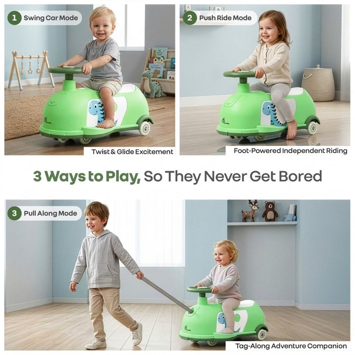Iya Iya Poppy 3 in 1 Kids Pull Along & Push Ride On Swing Car, Fun Dino Design, Toy Compartment, ABEC 7 Bearing, Age 2+ Years - Green White