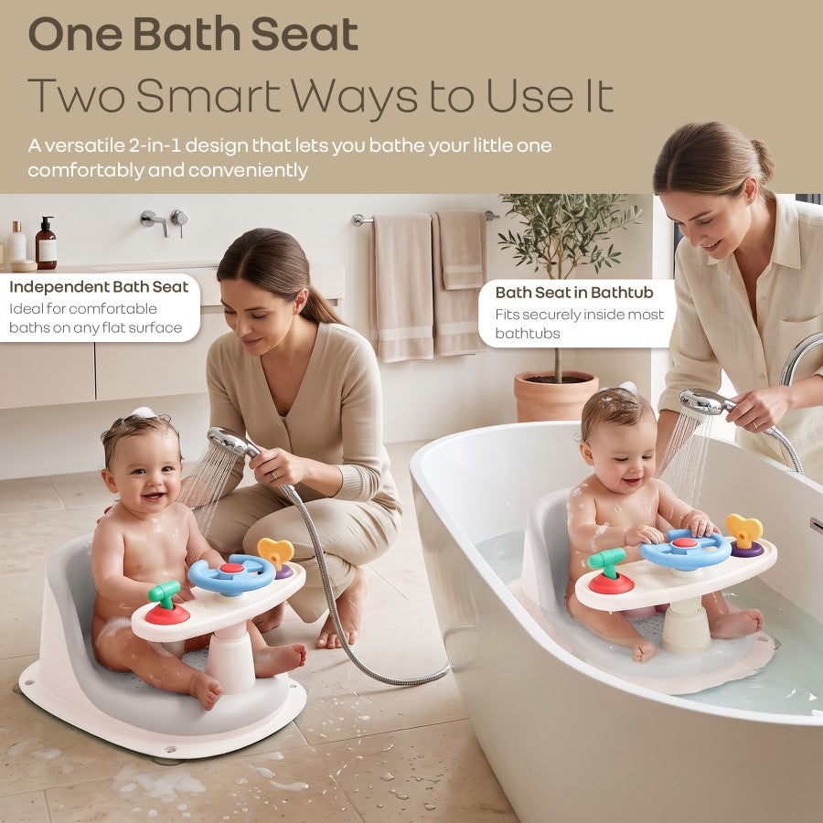 Fun Time Cozy 2 in 1 Baby Bath Seat, Ergonomic TPR Backrest, Quick Draining Mesh, Interactive Toy, Anti-Slip, Age 6+ Months – Grey Ivory