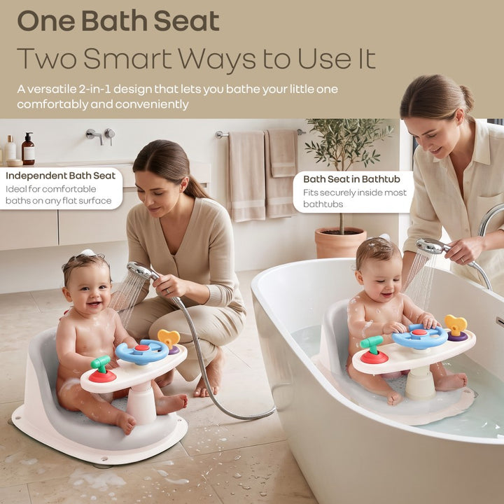 Fun Time Cozy 2 in 1 Baby Bath Seat, Ergonomic TPR Backrest, Quick Draining Mesh, Interactive Toy, Anti-Slip, Age 6+ Months – Grey Ivory