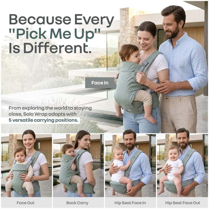 Solo Wrap Comfy 5-in-1 Baby Carrier with Detachable Hip Seat, X Back & Lumbar Support, Ergonomic M Position - Light Sage Green