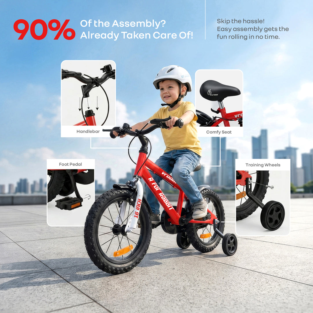 Vroom Bicycle For Kids 16 Inch With 90% Plug And Play For Ease Of Installation, Wide Training Wheels, Adjustable Seat, 4-7yrs, Upto 40kgs - Red