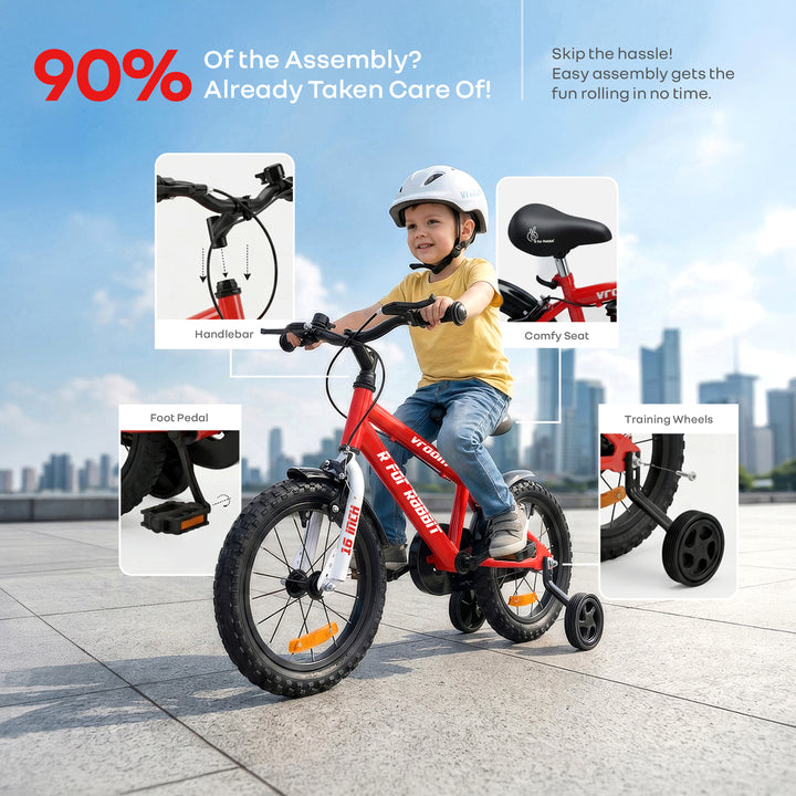Vroom Bicycle For Kids 16 Inch With 90% Plug And Play For Ease Of Installation, Wide Training Wheels, Adjustable Seat, 4-7yrs, Upto 40kgs - Red