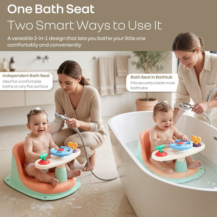 Fun Time Cozy 2 in 1 Baby Bath Seat, Ergonomic TPR Backrest, Quick Draining Mesh, Interactive Toy, Anti-Slip, Age 6+ Months – Peach Mint