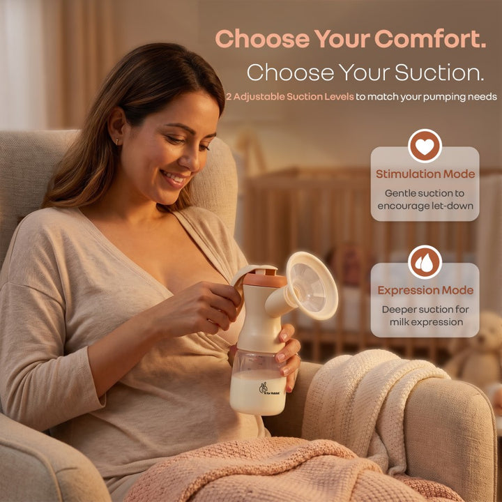 First Feed Comfy Manual Breast Pump with 106° Wide Angle Shield, 2 Adjustable Suction Modes & Anti Back Flow Design BPA Free - Apricot Orange