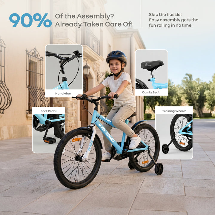 Vroom Bicycle For Kids 20 Inch With 90% Plug And Play For Ease Of Installation, Wide Training Wheels, Adjustable Seat, 7-10yrs, Upto 50kgs - Lake Blue
