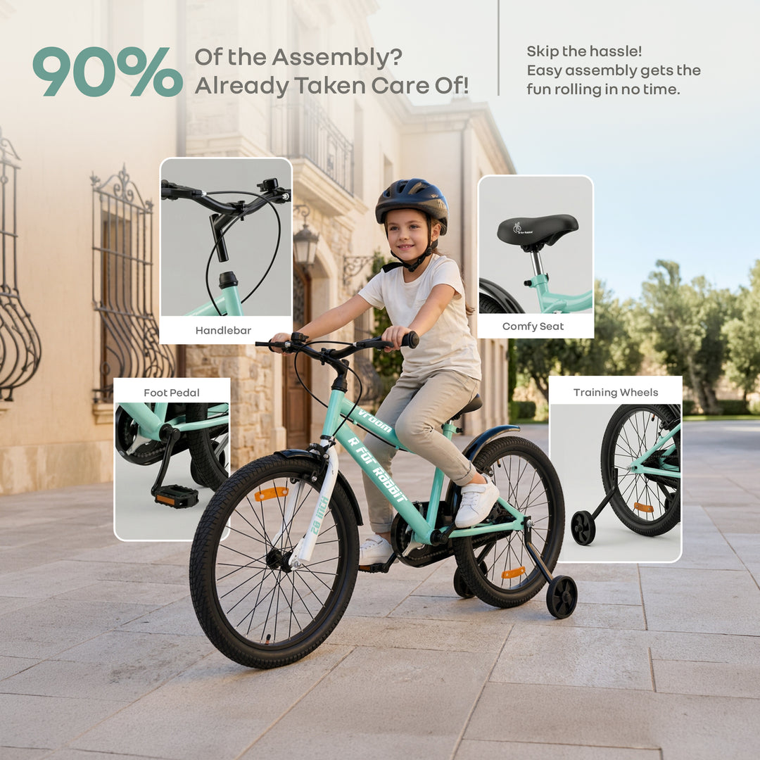 Vroom Bicycle For Kids 20 Inch With 90% Plug And Play For Ease Of Installation, Wide Training Wheels, Adjustable Seat, 7-10yrs, Upto 50kgs - Sea Green