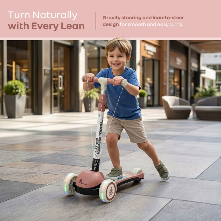 Road Runner Swift Kids Scooter - 3 Level Height Adjustable, Foldable, LED PU Wheels with Gravity Steering - Dusty Rose