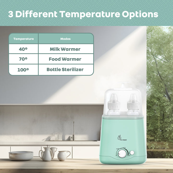 Green baby bottle warmer with temperature options on a kitchen counter