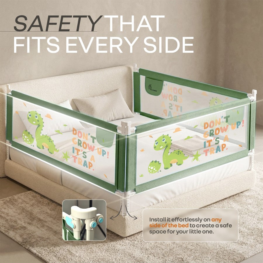 Safari Bed Rail for Baby Easy Install, Anti-Fall Safeguard for Toddler Safety - Dino Green