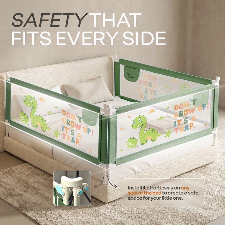 Safari Bed Rail for Baby Easy Install, Anti-Fall Safeguard for Toddler Safety - Dino Green