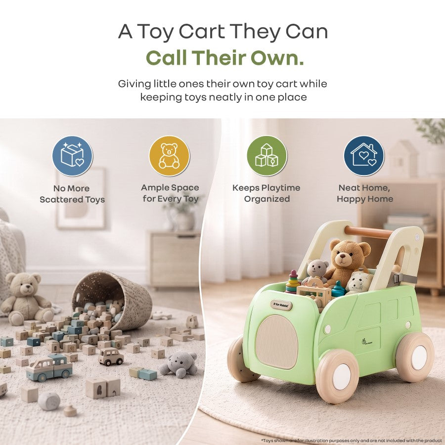 Kiddie Kart 4 in 1 Kids Toy Storage Cart, Sit & Ride, Push Walker & Pull Along, Adjustable Dual Height Handlebar, Quick Plug & Play, Age 0–3 Years – Green Beige