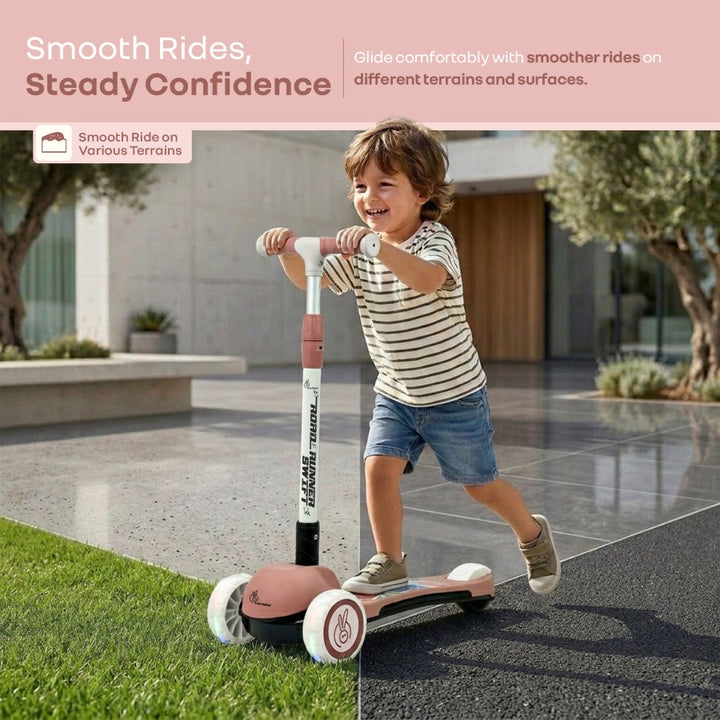 Road Runner Swift Kids Scooter - 3 Level Height Adjustable, Foldable, LED PU Wheels with Gravity Steering - Dusty Rose