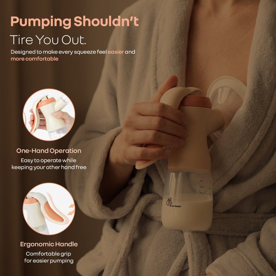 First Feed Comfy Manual Breast Pump with 106° Wide Angle Shield, 2 Adjustable Suction Modes & Anti Back Flow Design BPA Free - Apricot Orange