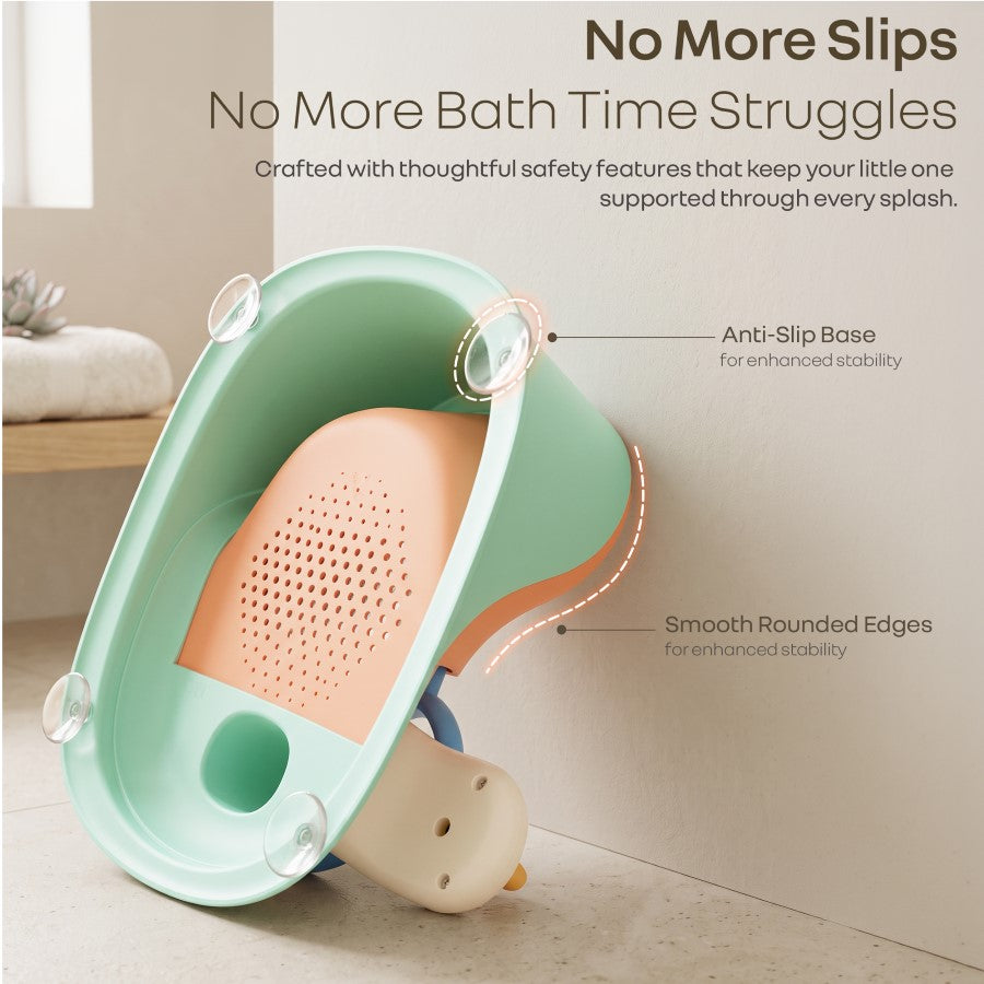 Fun Time Cozy 2 in 1 Baby Bath Seat, Ergonomic TPR Backrest, Quick Draining Mesh, Interactive Toy, Anti-Slip, Age 6+ Months – Peach Mint
