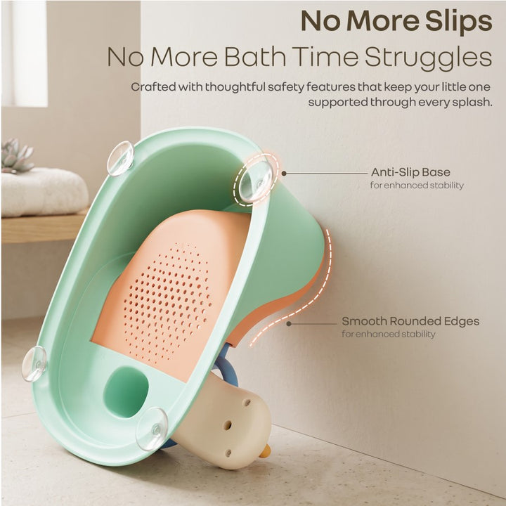Fun Time Cozy 2 in 1 Baby Bath Seat, Ergonomic TPR Backrest, Quick Draining Mesh, Interactive Toy, Anti-Slip, Age 6+ Months – Peach Mint