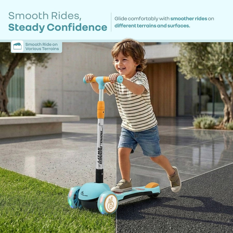 Road Runner Swift Kids Scooter - 3 Level Height Adjustable, Foldable, LED PU Wheels with Gravity Steering - Blue Orange