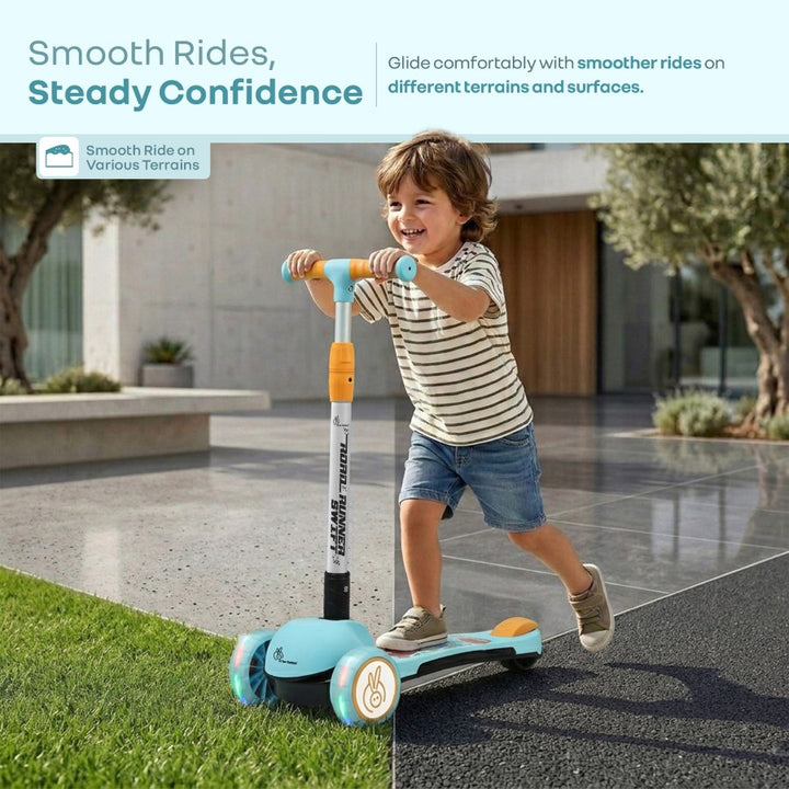 Road Runner Swift Kids Scooter - 3 Level Height Adjustable, Foldable, LED PU Wheels with Gravity Steering - Blue Orange