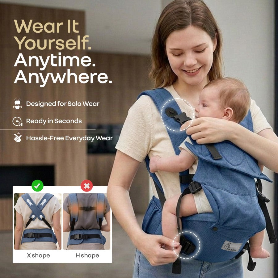 Solo Wrap Comfy 5-in-1 Baby Carrier with Detachable Hip Seat, X Back & Lumbar Support, Ergonomic M Position - Denim Blue