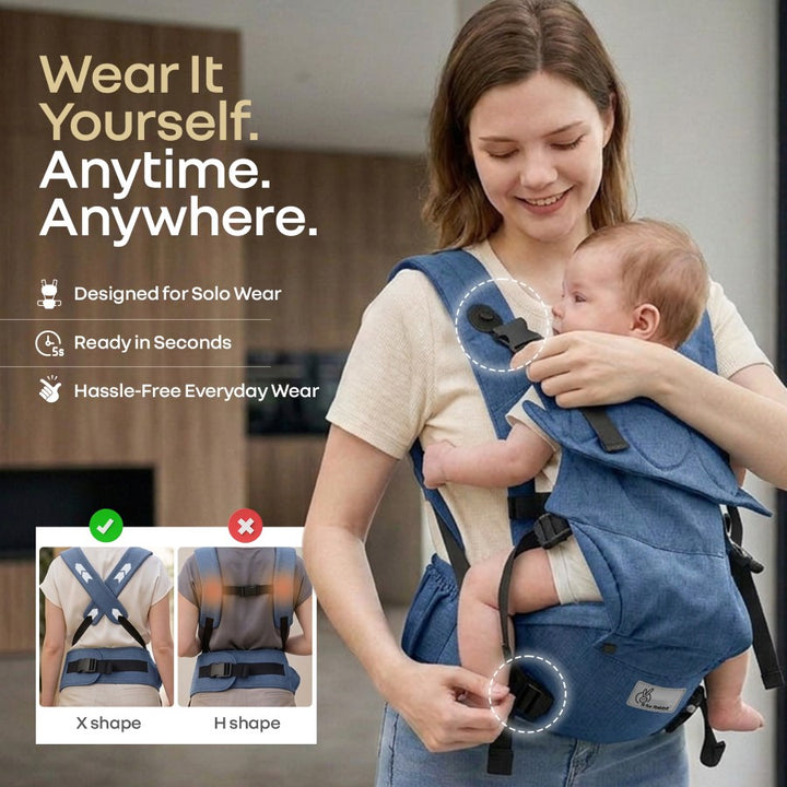 Solo Wrap Comfy 5-in-1 Baby Carrier with Detachable Hip Seat, X Back & Lumbar Support, Ergonomic M Position - Denim Blue