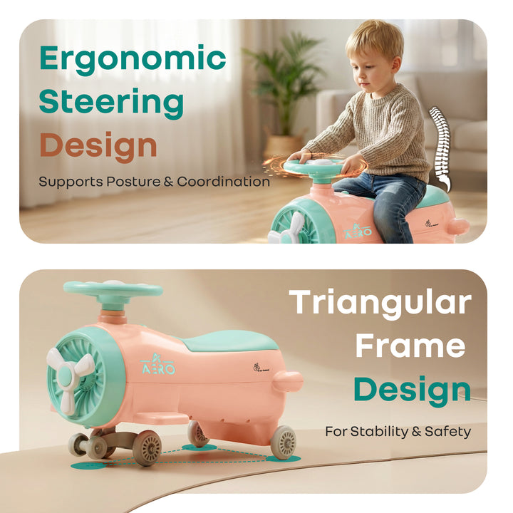 R for Rabbit Iya Iya Aero Ace 2-in-1 Swing Car Ride On for Kids with Toy Storage, Smooth Wheels & ABEC 7 Bearing - Peach Green