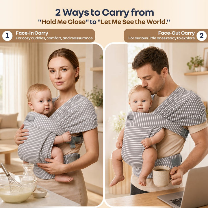 Solo Wrap Flexi Self-Wear Baby Carrier with Feather-Light Cotton Fabric and Ergonomic M-Shape Support – Mist Grey Stripes