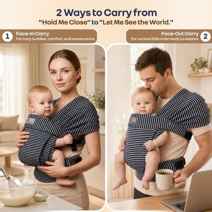 Solo Wrap Flexi Hands-Free Baby Carrier with Dual Carry Positions and 3-Point Support Design – Oxford Blue Stripes
