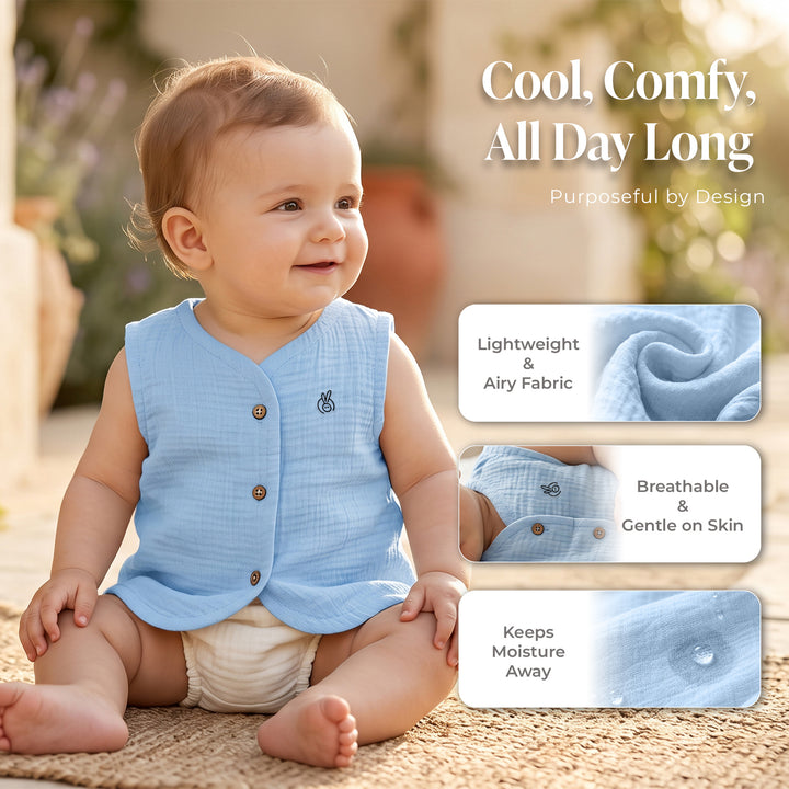 Pastelpops Multicolor Cotton Crinkle Front Open Vest Pack of 3 (Design A)