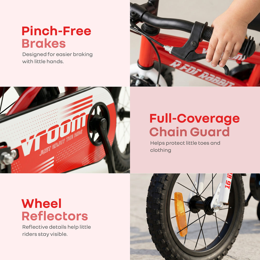 Vroom Bicycle For Kids 16 Inch With 90% Plug And Play For Ease Of Installation, Wide Training Wheels, Adjustable Seat, 4-7yrs, Upto 40kgs - Red
