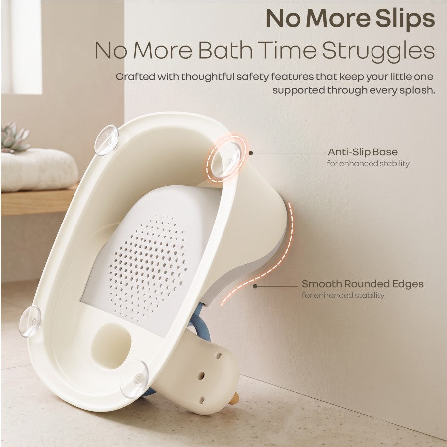 Fun Time Cozy 2 in 1 Baby Bath Seat, Ergonomic TPR Backrest, Quick Draining Mesh, Interactive Toy, Anti-Slip, Age 6+ Months – Grey Ivory