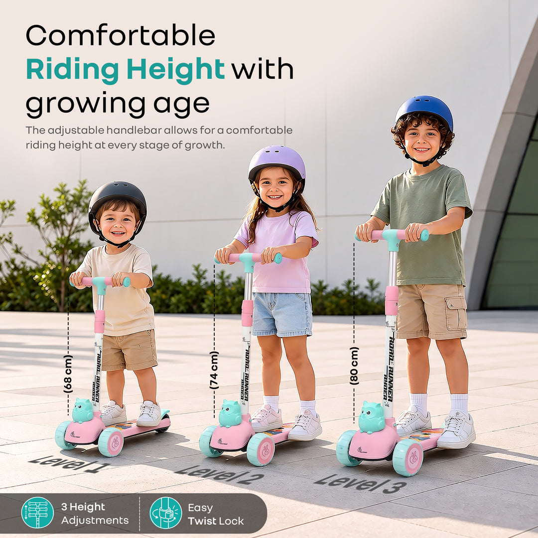 Road Runner Ryder Kids Scooter - PU LED wheels & Multi-Level Height Adjustment - Pink Blue