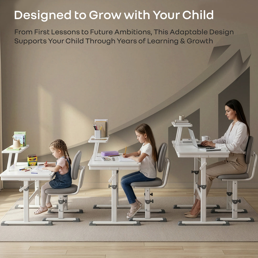 Kiddie Grow Edge Kids Study Table & Chair Set for 3–15 Years, Hydraulic Height Adjustable, Ergonomic Chair, Storage Drawer, Upto 100 kg