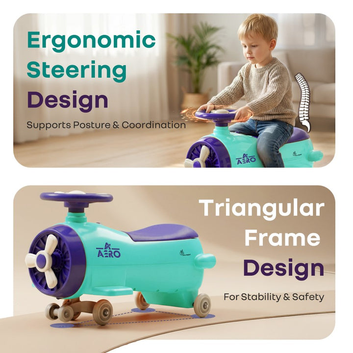 R for Rabbit Iya Iya Aero Ace 2-in-1 Swing Car Ride On for Kids with Toy Storage, Smooth Wheels & ABEC 7 Bearing - Green Purple