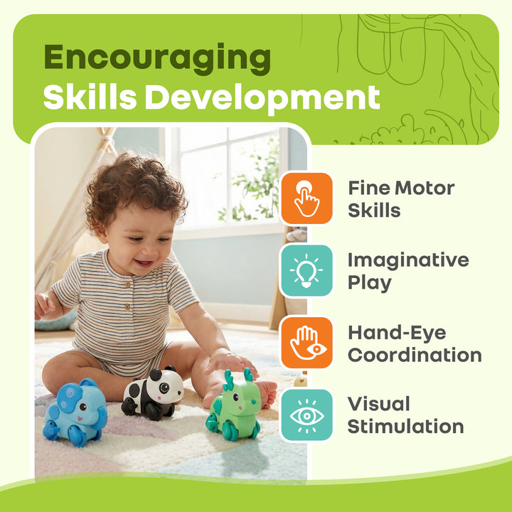 Orapple Safari - Set of 4 Windup Animal Toys for Babies (Panda, Lion, Elephant, Deer)