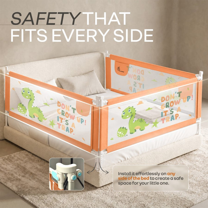 Safari Bed Rail for Baby Easy Install, Anti-Fall Safeguard for Toddler Safety - Dino Peach