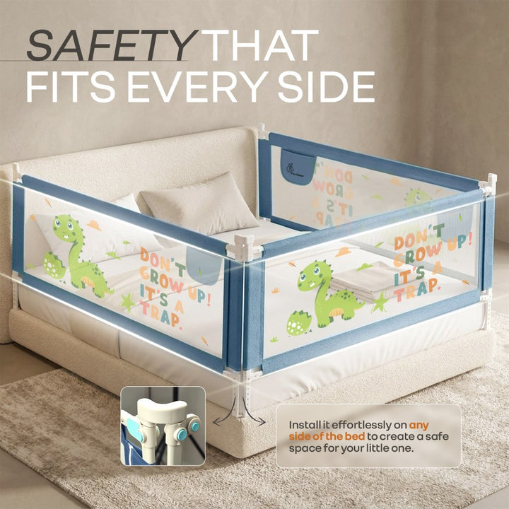 Safari Bed Rail for Baby Easy Install, Anti-Fall Safeguard for Toddler Safety - Dino Blue
