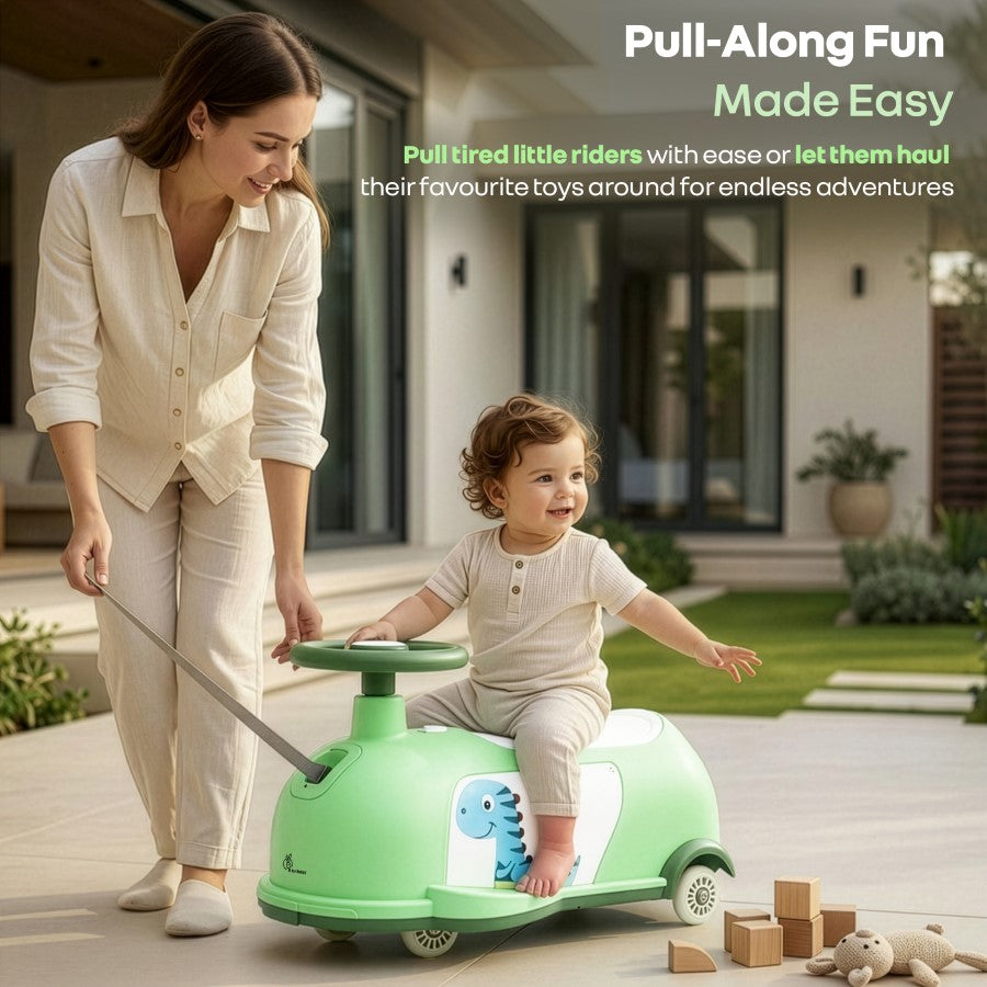Iya Iya Poppy 3 in 1 Kids Pull Along & Push Ride On Swing Car, Fun Dino Design, Toy Compartment, ABEC 7 Bearing, Age 2+ Years - Green White
