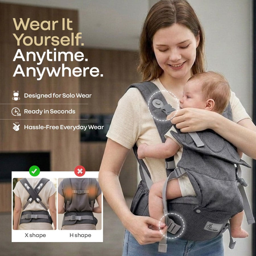 Solo Wrap Comfy 5-in-1 Baby Carrier with Detachable Hip Seat, X Back & Lumbar Support, Ergonomic M Position - Charcoal Grey